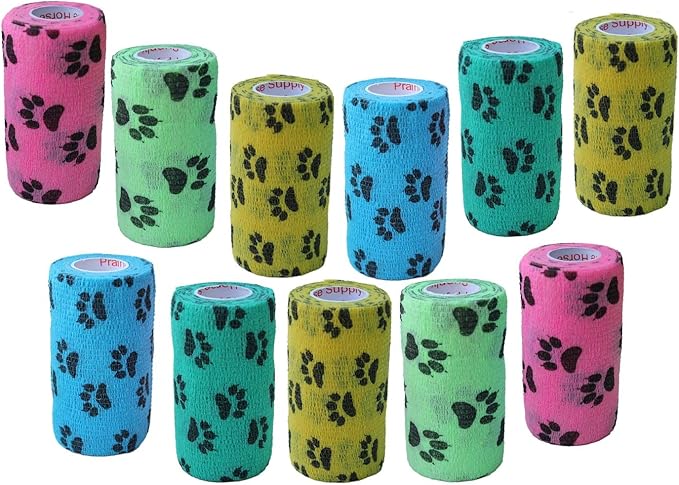 Prairie Horse Supply 3 Inch Vet Wrap Tape Bulk (Paw Prints Variety) (Pack of 12) Self Adhesive Adherent Adhering Flex Bandage Grip Roll for Dog Cat Pet