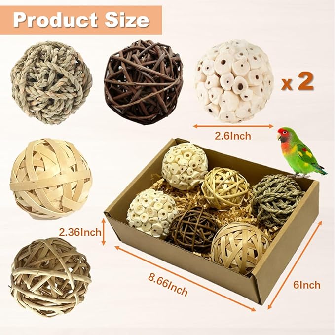 Bird Toys (6Pcs) - Chew Grass Balls, Cage Enrichment | Chewing and Shredding Parrot Toys | Ideal for Parakeets/Cockatiels/Conures/Lovebirds and Small to Medium Birds