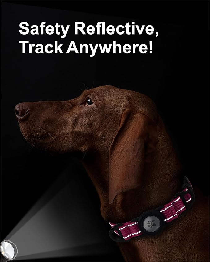 TagME Airtag Dog Collar,Waterproof Reflective Pet Collar with Airtag Holder,Soft Padded and Double D-Rings for Large Dogs,Hot Pink