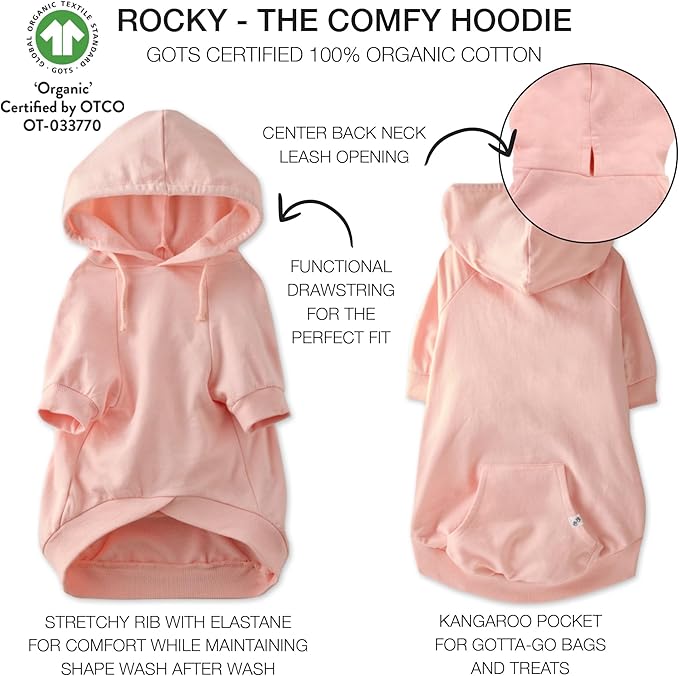 Rocky – The Orginal Lightweight Hooded TEE 100% Organic Cotton Dog Hoodie Pet Coat Sweater for Small, Medium, Large Dogs, Pink, Large