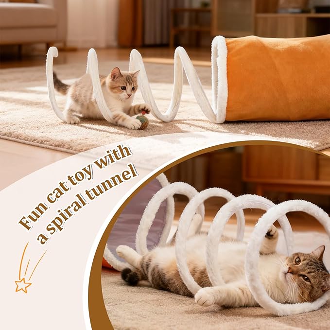 Ownpets 2-in-1 Cat Tunnel, Large Lollipop Shape Cat Tunnel Toy with Fluffy Balls, Spiral Toy, Plush Collapsible Cat Cave Hideout Donut Tunnel for Multi Kitten Puppy Rabbit, Orange