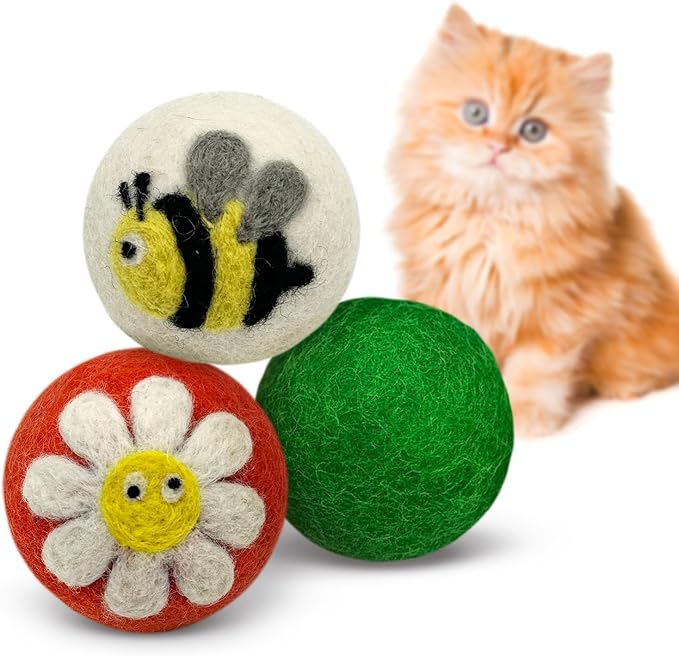 Hustle & Blush Love Ewe Felted Cat Toys 3 Pack - 2 Inch Flower & Bee Hand Made Cute & Fun Design Kitten Wool Felt Balls for Indoor Play & Exercise - 100% New Zealand Handmade - Holiday Pet