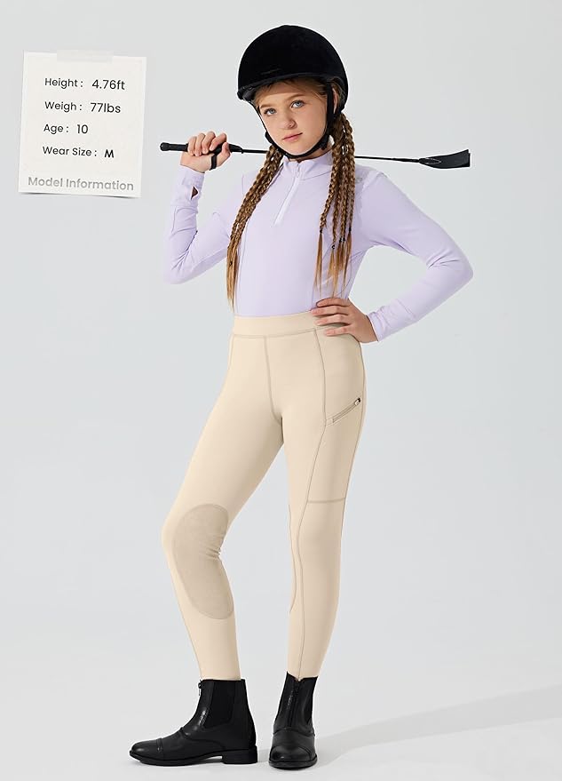 Willit Girls Horse Riding Pants Tights Kids Equestrian Breeches Knee-Patch Youth Schooling Tights Zipper Pockets