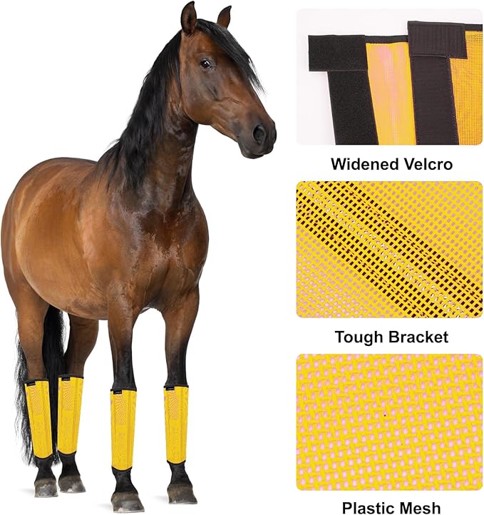 FOXLVDA Horse Fly Boots - Fly Boots for Horses Set of 4, Comfortable Horse Leggings, Mesh Material Design with Metal Support Bars for Reduces Stomping & Leg Fatigue (Yellow, Medium)