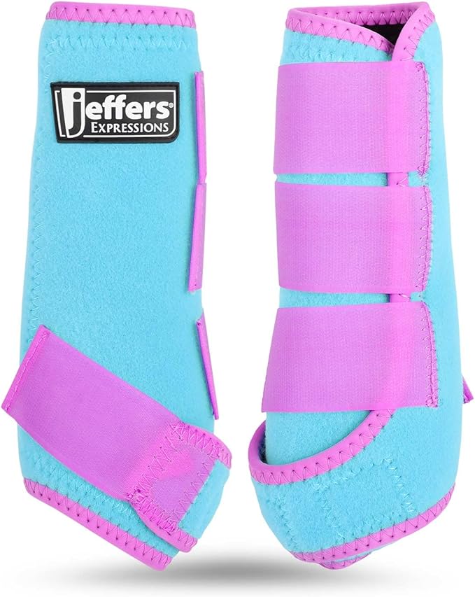 Jeffers Expression Neon Protective Horse Boots, 1 Pair, Turquoise & Purple – Breathable Neoprene, Secure Straps Closures – Durable Protection for Front & Hind Legs, Trail & Riding Use - Small