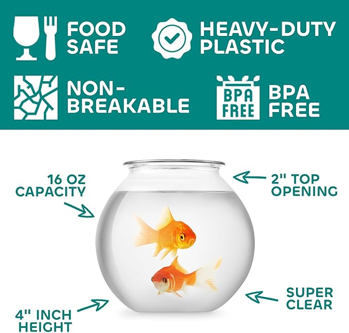 JoyServe 16 Oz Plastic Fish Bowl (60 Pack) 4 Inch Heavy Duty Plastic Ivy Bowls, for Candy, Carnival Games, Prizes, Centerpieces and Party Decoration Supplies, BPA-Free