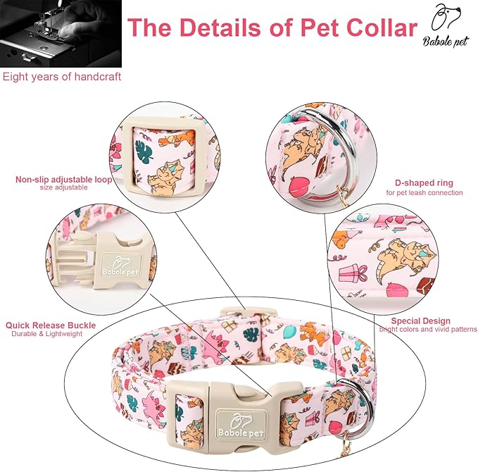 Cute Dinosaur Dog Collar, Adjustable Pink Dino Dog Collars for Large Dogs, Lightweight Quick-Release Buckle Birthday Collar for Boy&Girl Dogs L