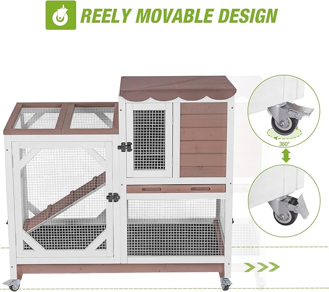 Gutinneen 2-Story Rabbit Hutch Bunny cage Wooden Rabbit Cage Indoor/Outdoor with Chew-Proof Ramp, 2 Leak-Proof Pull-Out Trays, Lockable Wheels for Rabbits, Guinea Pigs, Small Animals (Brown and White)