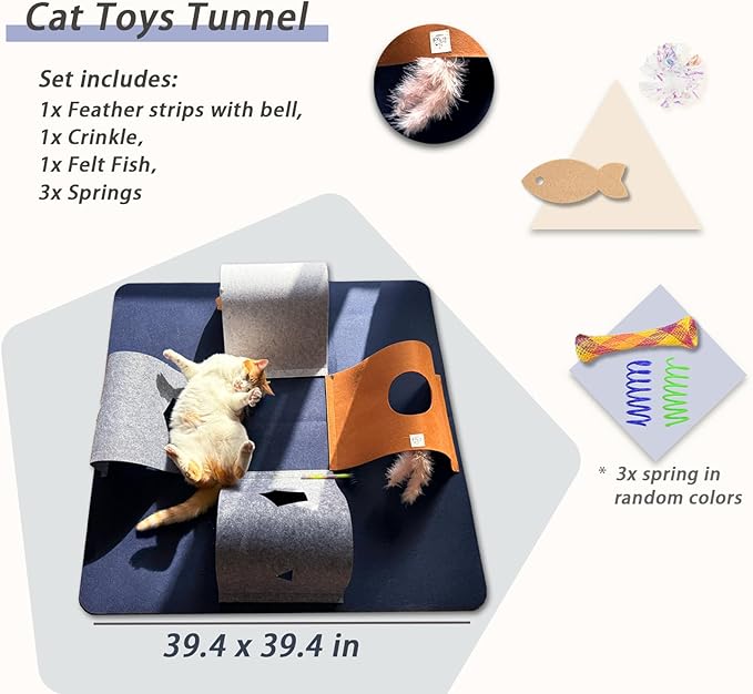 Cat Tunnel Mat for Indoor Cats,4-Way Felt Cat Tunnel Play Mat with Feathers & Bell 6 Pcs Interactive Cats Enrichment Toys Set Foldable Kittens Cave Hideout for Pet Hide & Seek(Navy Blue)