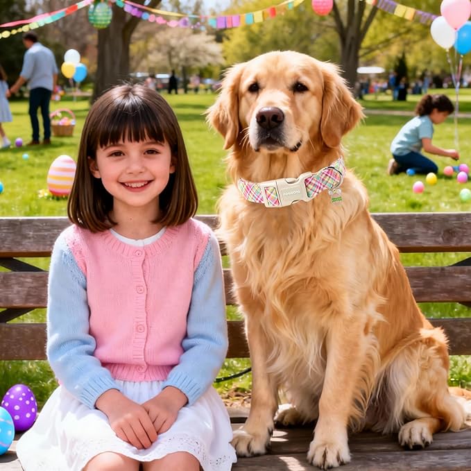 DOGWONG Easter Dog Collar, Cute Easter Colorful Plaid Pet Collar Durable Holiday Girl Boy Adjustable Cotton Dog Collars for Puppy Medium Large Dogs,L Visit The Elegant Little Tail Store