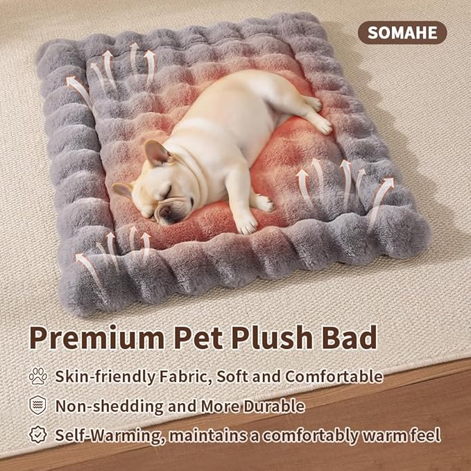 Self-Warming Cat Bed, Plush Faux Fur Pet Bed Mat with Anti-Slip Bottom, Ultra Soft Heated Bed for Cats & Medium Dogs, Cozy Fluffy Pad for Couch & Crate, Machine Washable, 27x20 Inch Grey