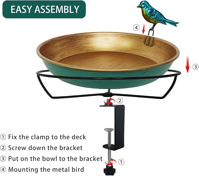 Deck Bird Bath for Outdoors, 11" Green/Bronze Metal Birdbath Bowl with Big Steel Clamp Backyard Birdbath&Bird Feeder for Railing Balcony Fence Yard Art Garden Decor