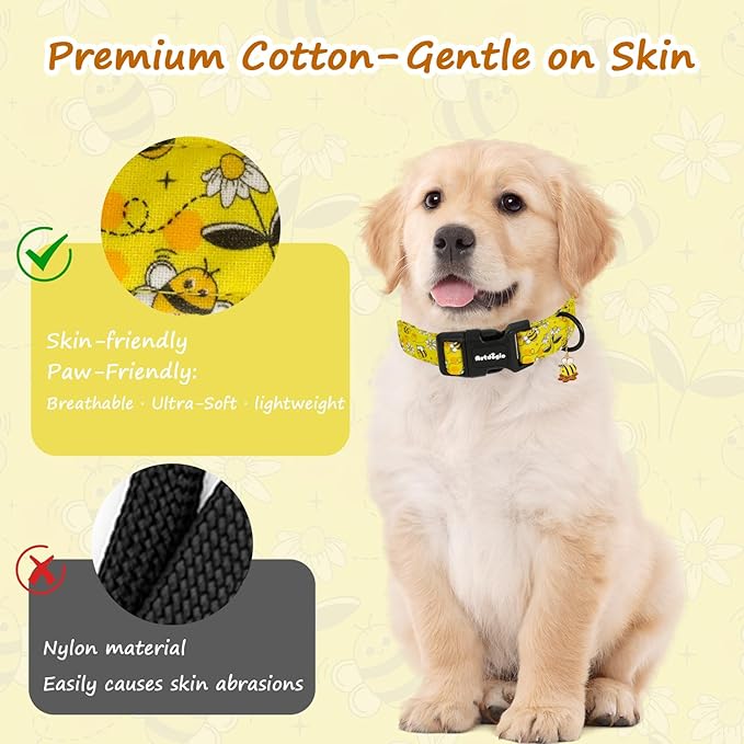 Yellow Dog Collar for Small Dogs, Spring & Summer Theme Small Dog Collars Featuring Bee Pollinating White Flowers Pattern, Adjustable Cotton Collar for Girl Boy Dogs -S