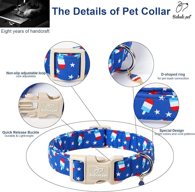 4th of July Dog Collar, Summer Popsicle Patriotic Dog Collars for Large Dogs, Adjustable Lightweight Quick-Release Buckle Collar for Boy&Girl Dogs L