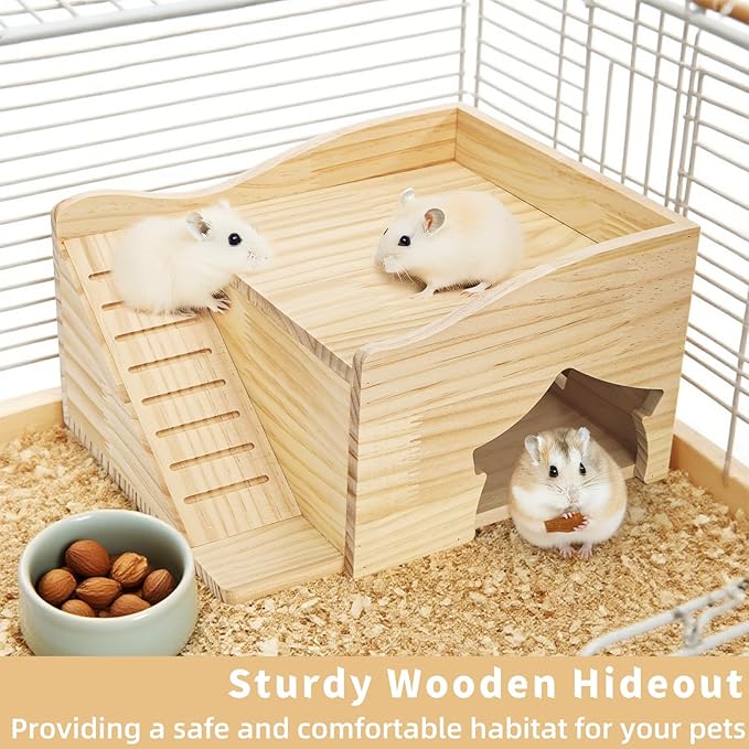 Guinea Pig Wood House, 11.8 x 9.4 x 6.7 Inch Hamster Hideout Castle with Stairs and Window, Small Animals Bed Hut Habitats, Ideal for Chinchillas Dwarf Mice Gerbils Playing Hiding