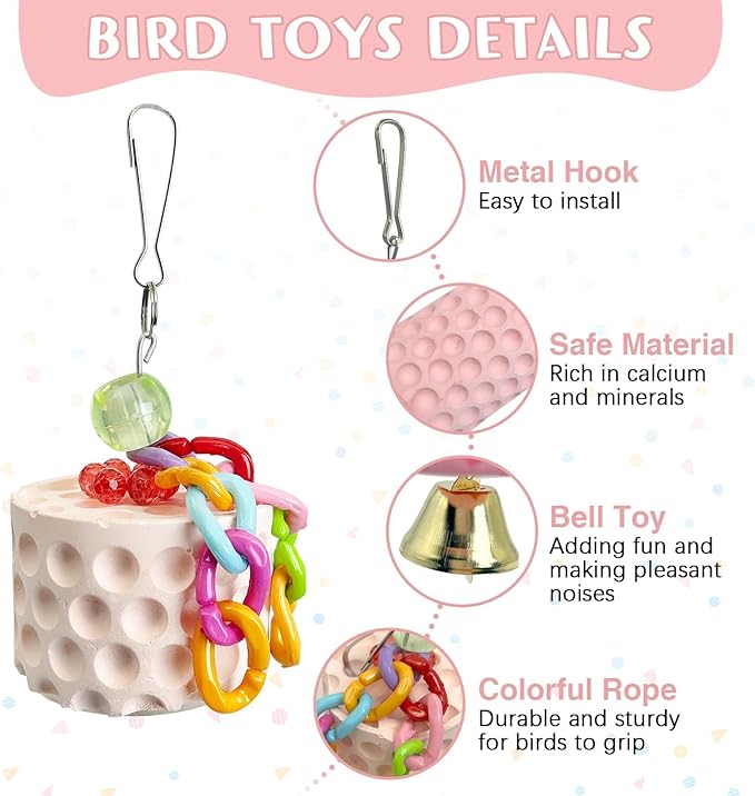 PINVNBY 2 Pack Bird Chew Toys Bird Beak Grinding Stone Lava Calcium Block with Bell Hanging Parrot Chewing Toy Cage Accessories for Parakeets Conures Cockatiels Budgies Lovebirds