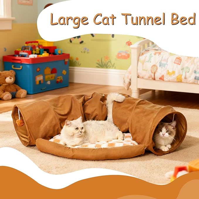 Large Cat Tunnel Bed for Indoor Cats, Peekaboo Cat Cave with Detachable & Washable Design, Scratch-Resistant Donut Bed for Multiple & Large Cats (Beige Plaid)