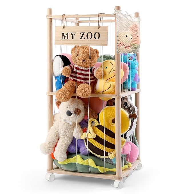Stuffed Animal Storage Zoo with Wheels, Wooden Stuffed Animal Organizer with Elastic Cords, Space Saving Toy Plushies Storage Holder for Playroom, Bedroom, Living Room(Burlywood, Small)