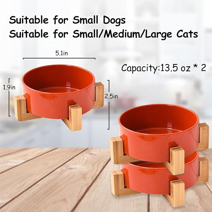Petygooing Ceramic Dog Bowl Set with Stand, Small Cat Dog Food and Water Bowl, Anti-Slip Set of 2 Bowls - 13.5 OZ (5.1In / 1.7 Cups) Rust Red