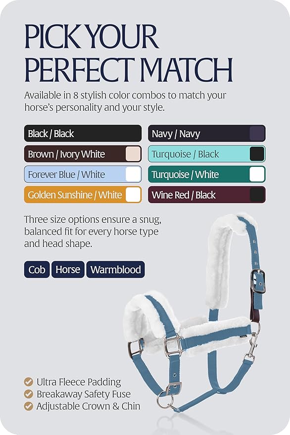 Equinavia Valkyrie Ultra Fleece Breakaway Horse Halter | Padded Fleece Adjustable Safety Halter with Nylon Webbing - Forever Blue/White - Cob