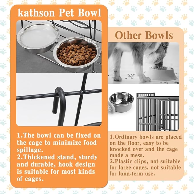 kathson Hanging Bird Bowls for Cage, 2 PCS Stainless Steel Metal Pet Food Water Dishes with Holder Feeder Cage Coop Hook Feeder Cups for Birds, Parrots, Small Sized Dogs and Cats (4.3 Inch Dia)