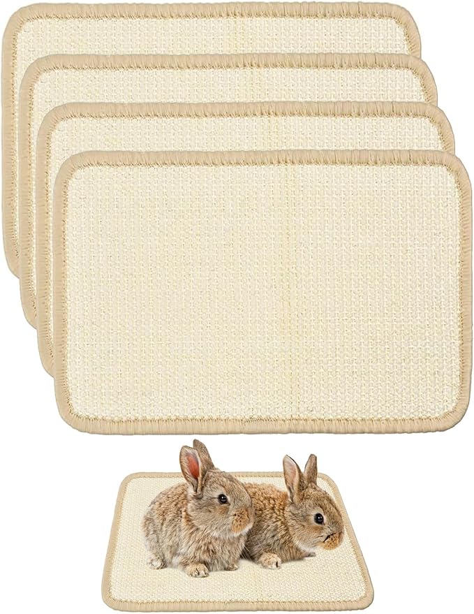 Rabbit Scratching Pad 4 Pack Natural Sisal Bunny Scratch Pads Small Animal Nail Scratcher for Indoor Grinding Claw Mat Pet Rug for Guinea Pigs Chinchillas Ferrets (White)