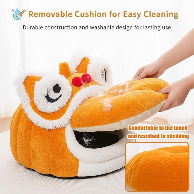 Cute Lion Head Pet Beds for Cats, Chinese Lion Dance Lion Cats Bed, Soft Cozy Plush Cat House & Dog Cave with Cushion for Small Medium Cats Dogs (Brown,L)