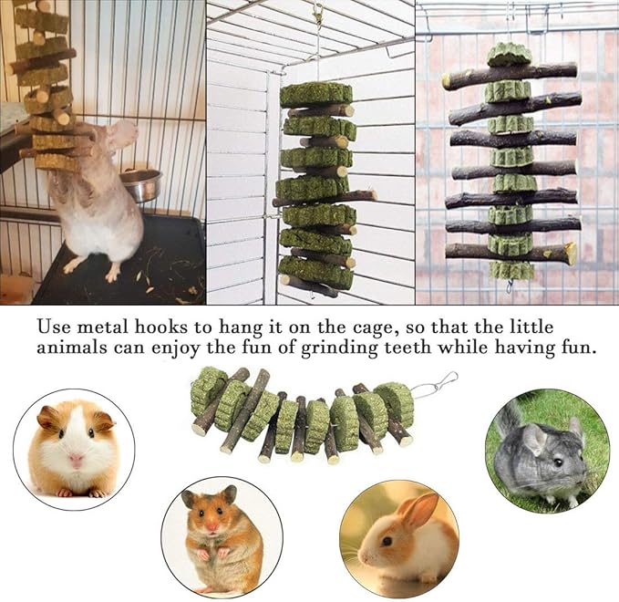 Hamiledyi 3Pieces Bunny Chew Toys for Teeth Natural Fruit Twigs Handmade Timothy Alfalfa Hay Grass Cakes for Guinea Pigs Hamsters Dwarf Rabbits Chinchillas Gerbils Improves Dental Health