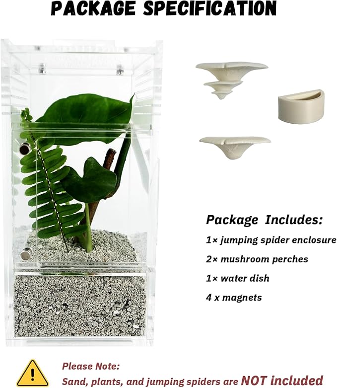 Jumping Spider Enclosure with Mushroom Ledges & Water Bowl Accessories, Acrylic Reptile Terrarium Habitat for Tarantulas, Bugs, Snails, Mantis, Small Insects, Dual Doors, No Assembly Required