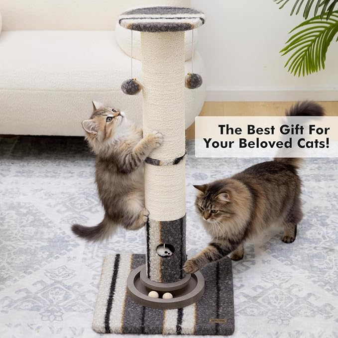 34inches Cat Scratching Post Sisal Cat Scratcher with Cat Ball Track Toy Heavy Duty and Thicker Large Diameter Natural for Adult Cats and Kitty Protect Your Furniture（Grey）