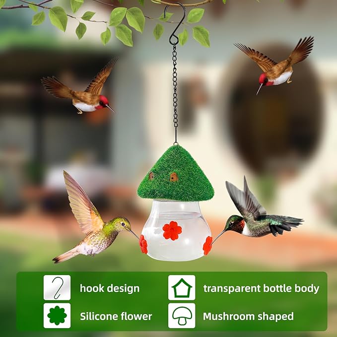 Hummingbird Feeders for Outdoors Hanging - Mushroom House Shape Bird Drinker, Water Resistant Leak Proof,Garden Birds Watching Patio Decoration with 3 Silicone Flower Feeding Ports (Tie dye Flower)