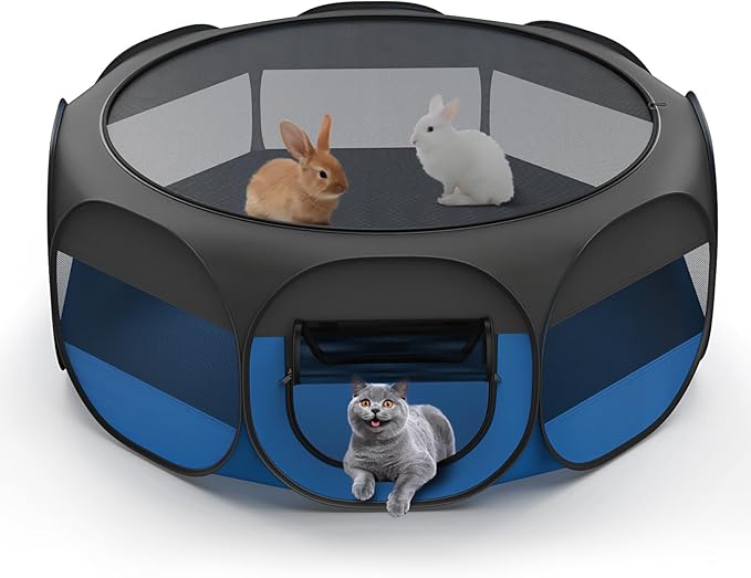 Small Animal Playpen, Chicken Brooder Box with Cover Top, Portable Outdoor Exercise Pet Cage Tent, Waterproof Breathable Pet playpen Indoor for Chick Ktiien Bunny Hamster Guinea Pig,Black+Blue