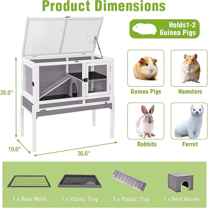 Indoor Rabbit Hutch Guinea Pig Cages 2-Story Wooden Small Animal Cage Bunny House with Chew-Proof Aluminum Alloy Frame, Pull-Out Tray, Leakproof PVC Layer, Detachable Legs (Grey)