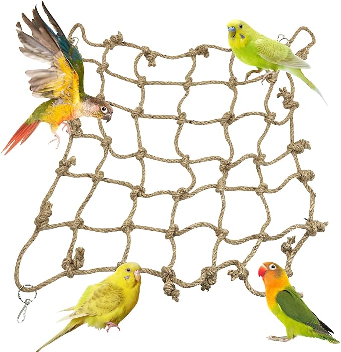 Tfwadmx Natural Bird Rope Net, Large Size - 24''X24'' Parrot Swing Hammock, Bird Climbing Ladder Hanging Cage Perch Chew Toys for Budgies Macaw Conure Finch Cockatoo Budgie African Grey Parakeet