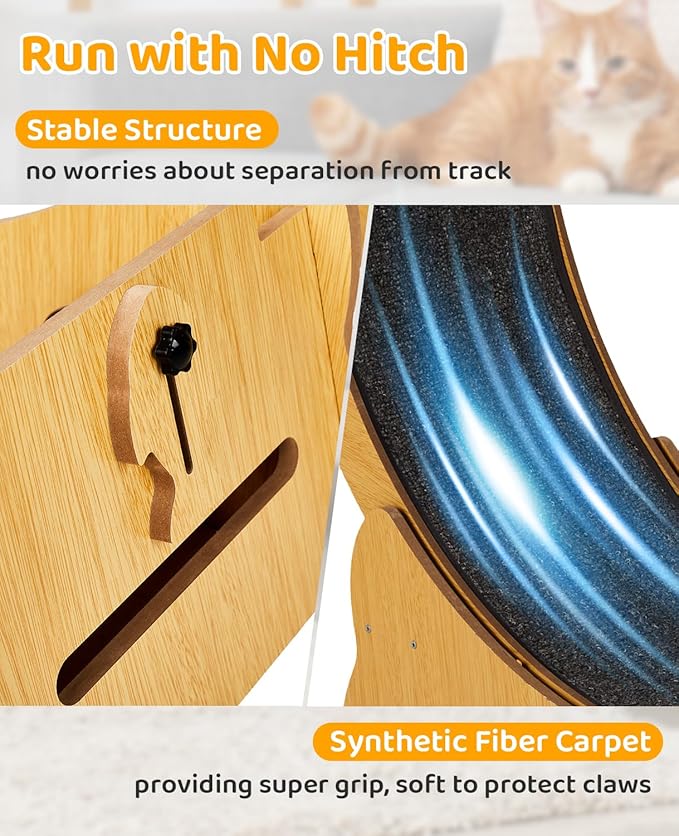 Outvita Cat Exercise Wheel for Quiet Running Indoor Use, 39.4" Cat Treadmill with Detachable Carpet, Cats Exerciser Helps Cats to Lose Weight and Keep Health, Easy to Install (Natural Wood)