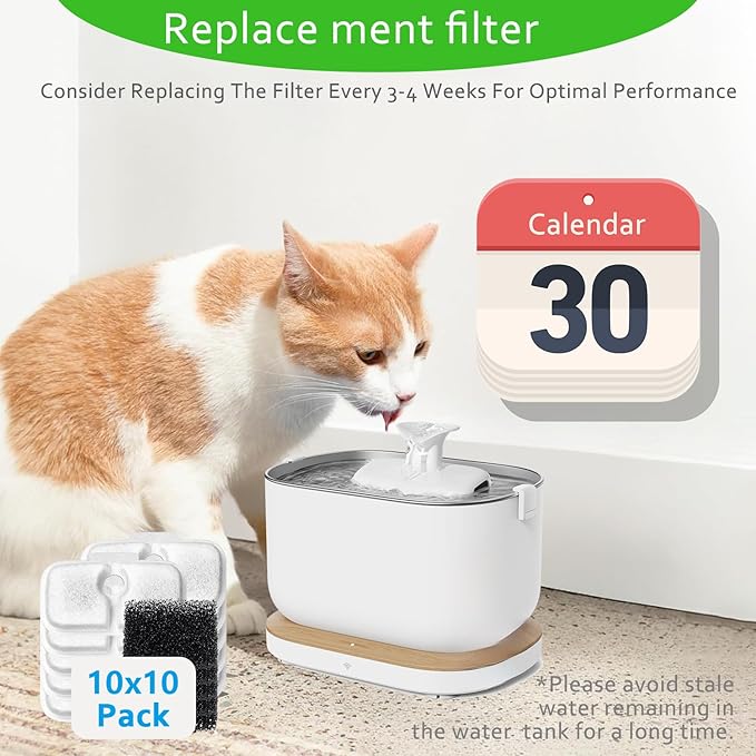 Cat Water Fountain Filters,10 Pack Replacement Compatible with 2.5L/84oz Dockstream Cat Fountain PLWF005/PLWF115/PLWF105(10 Triple Action Filters&10 Sponges)