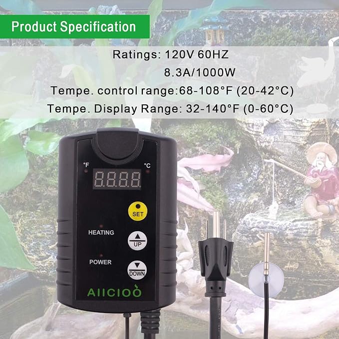 Aiicioo Under Tank Heater Thermostat - Reptile Heating Pad with Temperature Control Reptile Heat Mat for Combo Set for Hermit Crab Lizard Terrarium 8W