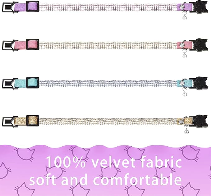 Weewooday 4 Pieces Rhinestones Cat Collars Breakaway Cat Collar with Bell Bling Pet Accessories with Soft Velvet, 4 Colors(S,Purple, Blue, Gold, Pink)