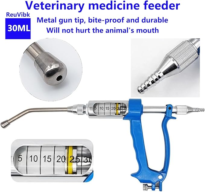 30 ML Adjustable Veterinary Metal Feeding Gun, Continuous Drench Gun Continuous Dosing Device Veterinary Medicine Dispenser Husbandry Autonomous Feeding Tool, for Pig Cow, Sheep, Horse