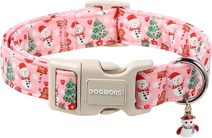 DOGWONG Christmas Dog Collar- Cute Pink Snowman Dog Collars, Adjustable Christmas Pet Collars Puppy Collar with Quick Release Buckle for Girl&Boy Dogs