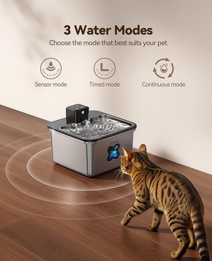 Cat Water Fountain Cordless: [Visual Filter] & [Heavy-Duty Stainless Steel] FEELNEEDY- Premium, Durable Design. 3.2L/108oz, 4000mAh Battery Operated Pet Fountain with Sensor, for Cats and Dogs