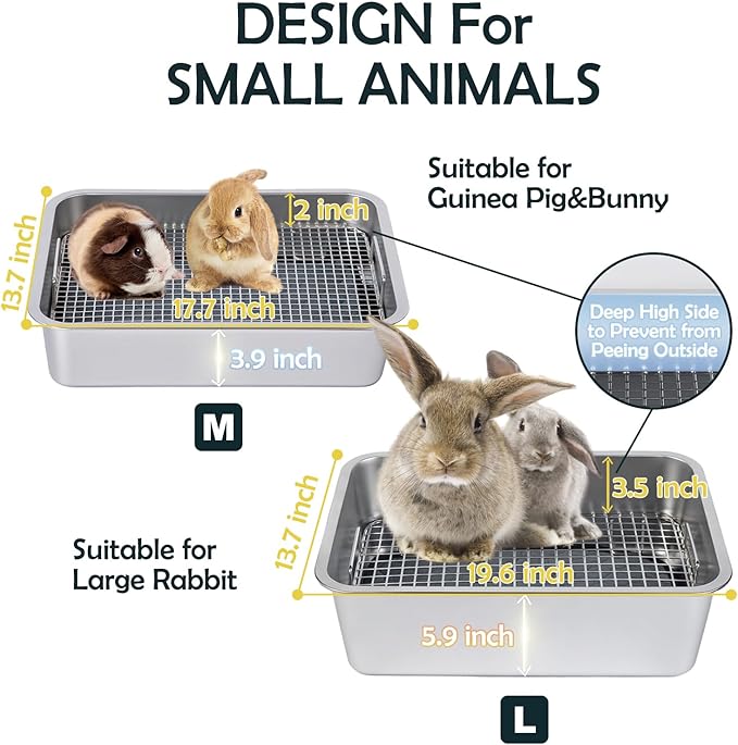 MEEXPAWS Guinea Pig Stainless Steel Litter Box with Raised Grid and Washable Pad,Small Bunny Rabbit Litter Pan High Side, Ferret Rat Litter Box, Small Animal Toilet Potty Tray Easy Clean,Less Stink