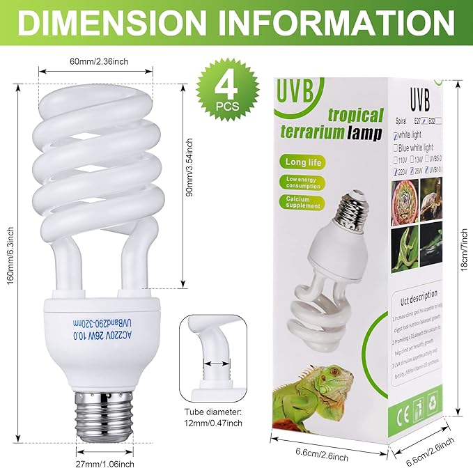 Reginary 4 Pcs Uvb Reptile Light 10.0 26 W, Reptile Uvb Bulb for Desert Tropical Sub Tropical Reptiles Fluorescent Simulation Color Reptiles Light for Turtle, Bearded Dragon, Lizard, Gecko