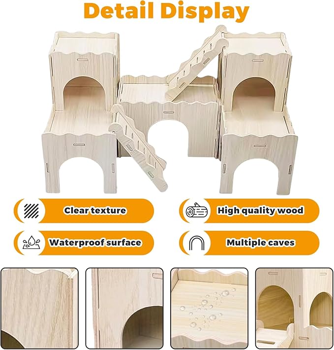 Wooden Dwarf Hamster House, Hamster Tiny House Hideout, Hamster Maze House, Large Balcony Lookout Holes, Easy to Assemble, Detachable Parts, Secure Hideaway, F