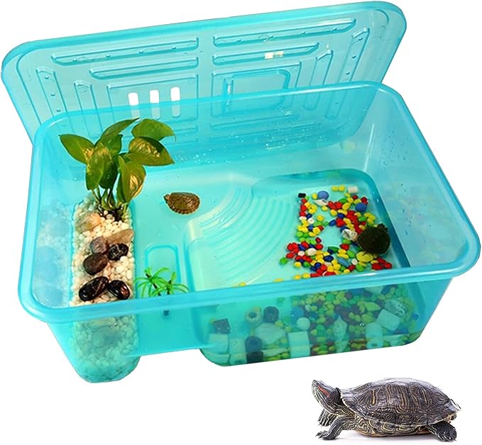 kathson Turtle Tank Aquarium, Turtle Habitat Reptile Plastic Terrarium Safe Durable, Tortoise Tank with Lid Prevent Climbing Escaping (Medium)