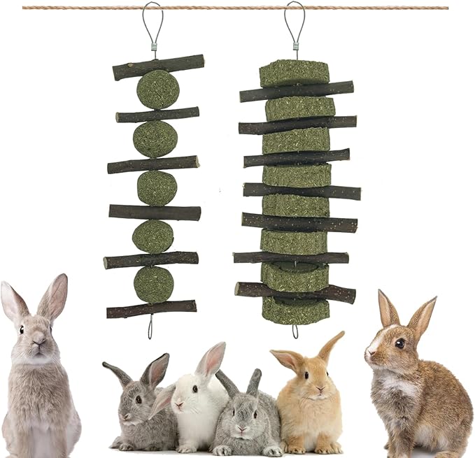 Rabbits Bunny Chew Toys Treats Natural Wood Timothy Hay Grass Cakes Balls Chew Toys Treats for Hamster Chinchilla Guinea Pigs 2pcs