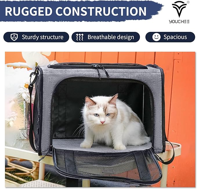 Cat Carrier Dog Carrier, Pet Travel Bag for Cats & Small Dogs up to 15 lbs, Washable Soft Sided Collapsible Airline Approved Puppy Carrier, 17.5"x12"x12. (Dark Gray)