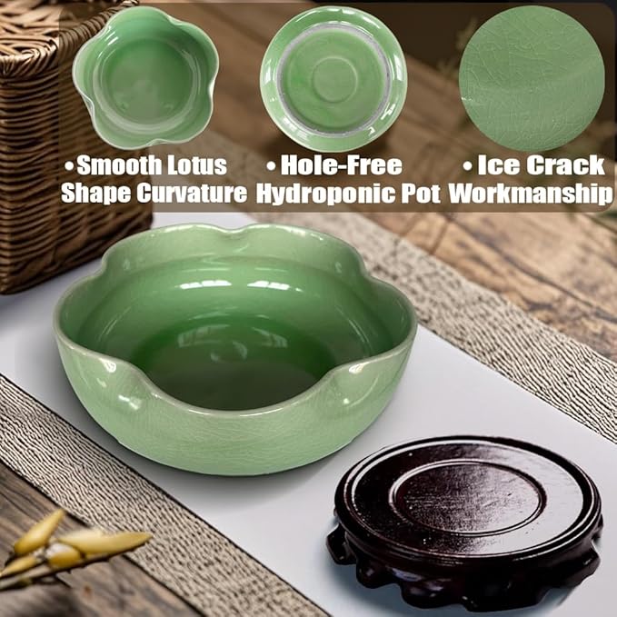 MUZHI Green Ceramic Water Lotus Flower Bowl Planter with Solid Wood Tray, Elegant Hole-Free Ice Crack Hydroponic Water Lily Bowl Pot with Stand 7.8”