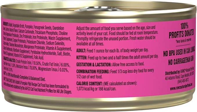 Rawz Natural Premium Pate Canned Cat Wet Food - Made with Real Meat Ingredients No BPA or Gums - 5.5oz Cans 24 Count (Rabbit & Pumpkin)
