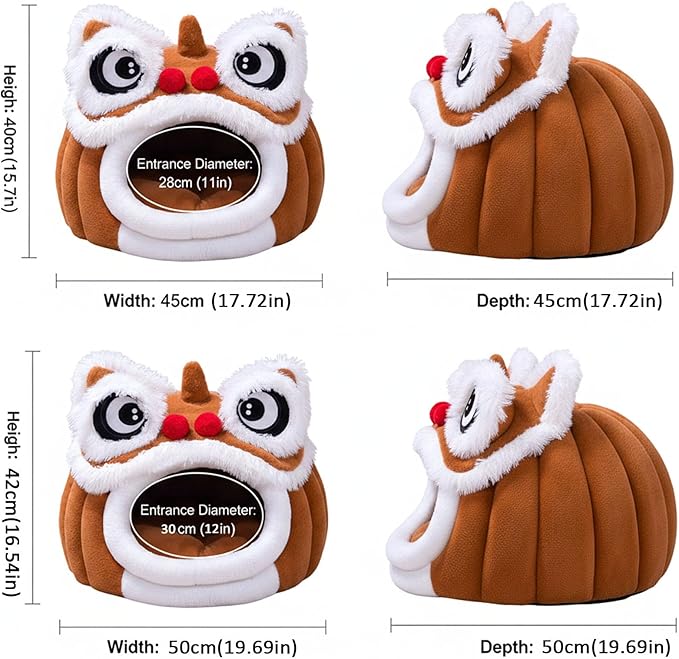Cute Lion Head Pet Beds for Cats, Chinese Lion Dance Lion Cats Bed, Soft Cozy Plush Cat House & Dog Cave with Cushion for Small Medium Cats Dogs (Brown,L)